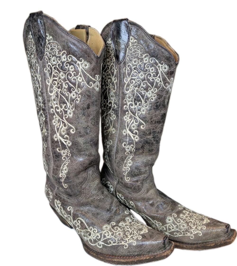 Corral Embroidered Distressed Brown Western Boots Women's Size 7 M Cowboy
